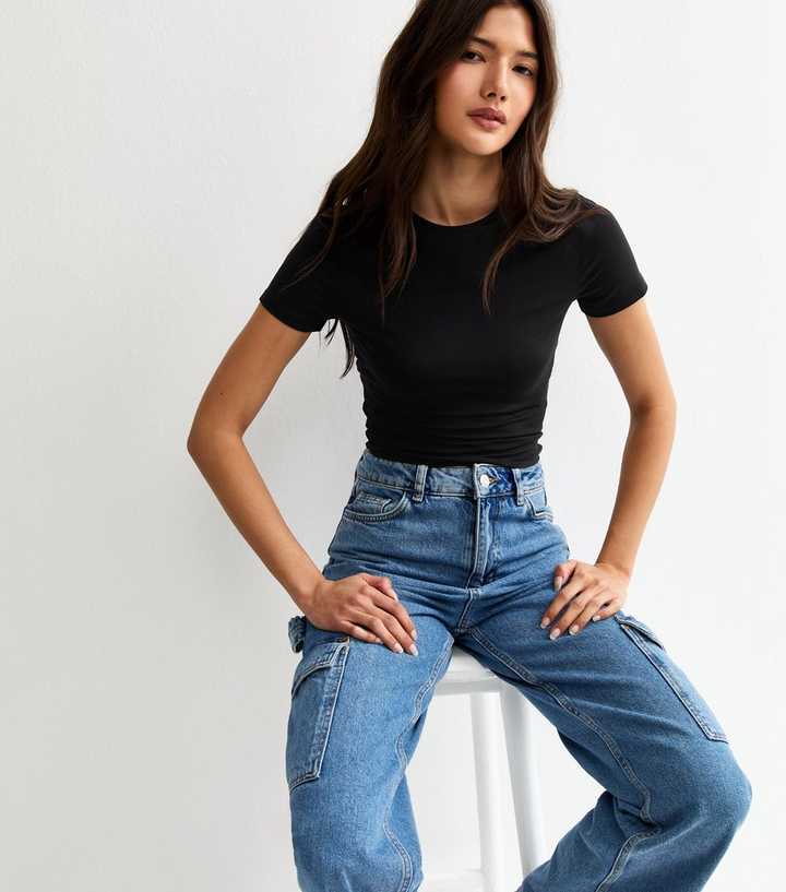 Black Crew Neck Slinky Cropped T-Shirt