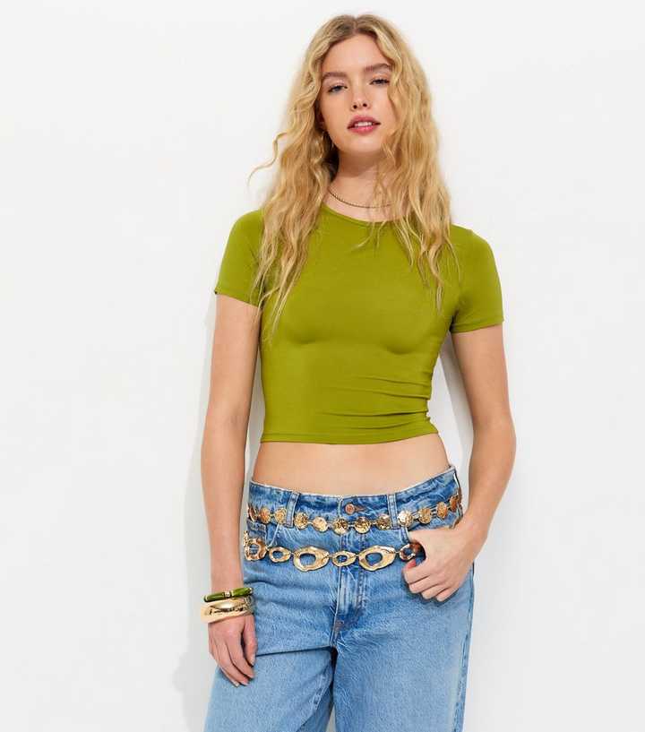 Green Crew Neck Cropped T-Shirt