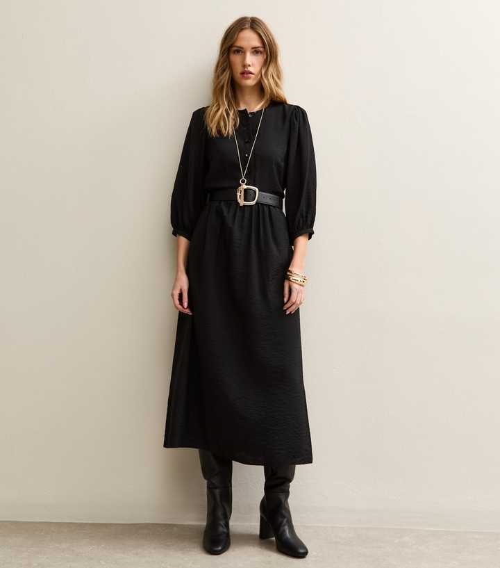 Black Buttoned Cropped Sleeve Midi Dress