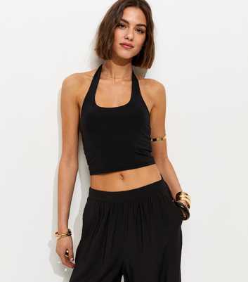 Black Slinky Jersey Halter Neck Top