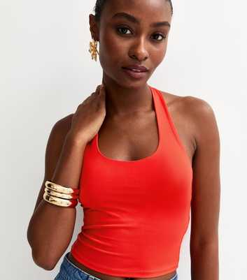 Light Coral Slinky Jersey Halter Neck Top