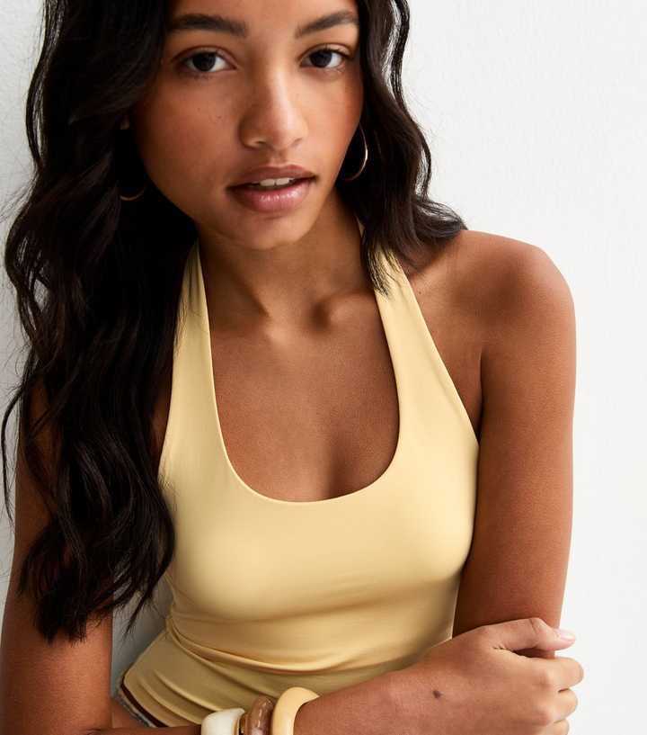Light Yellow Slinky Jersey Halter Neck Top