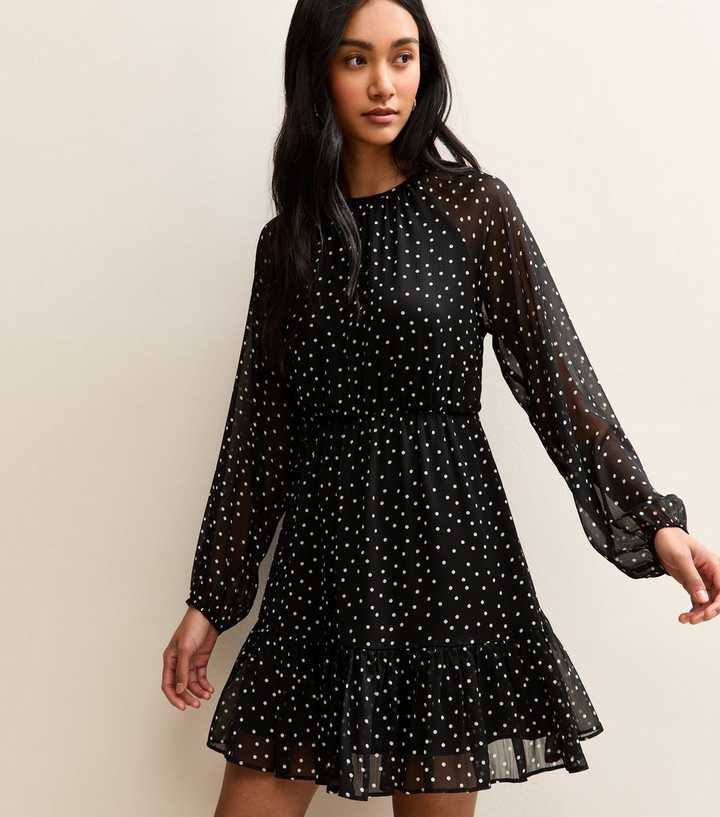 Black Chiffon Polka Dot Long Sleeve Mini Dress | New Look