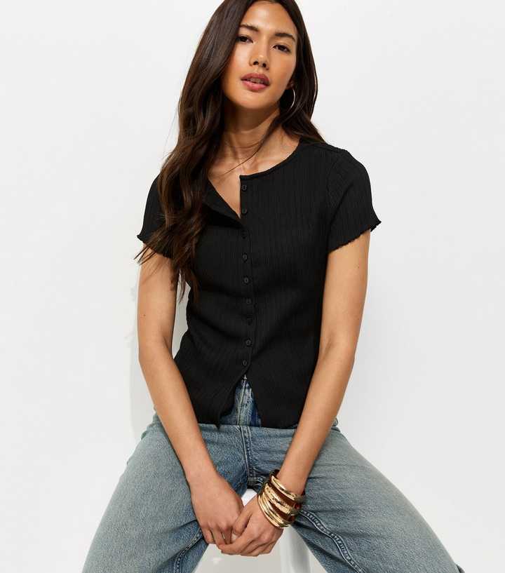 Black Ribbed Texture Button Front T-Shirt