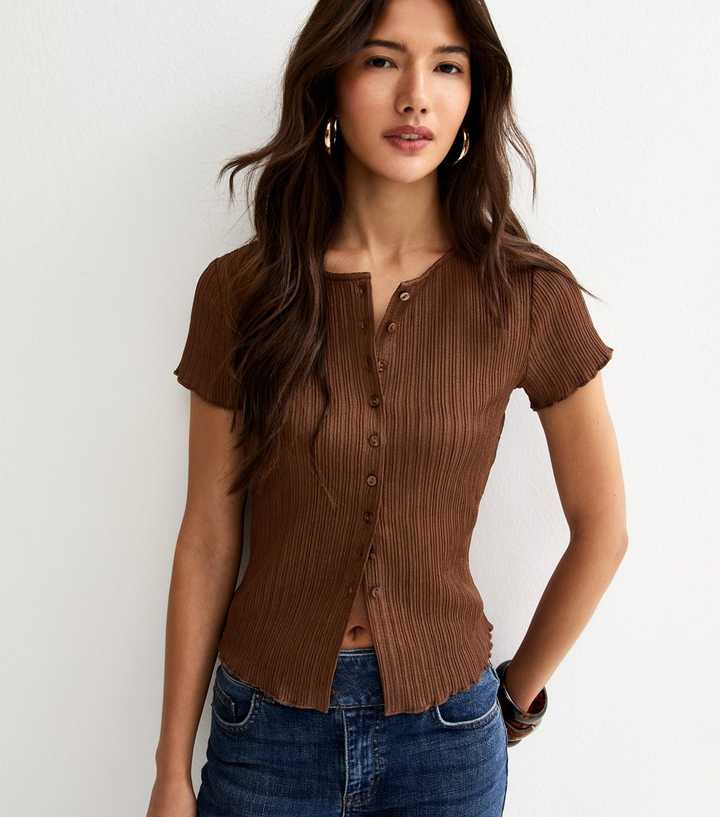 Dark Brown Ribbed Texture Button Front T-Shirt