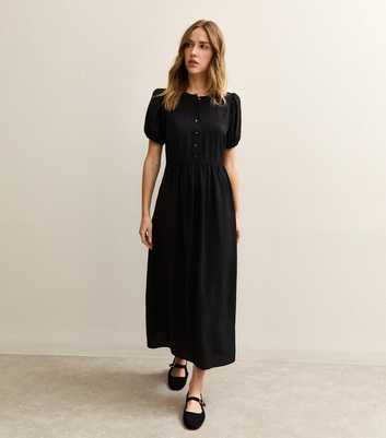 Black Button Front Short Sleeve Midi Dress