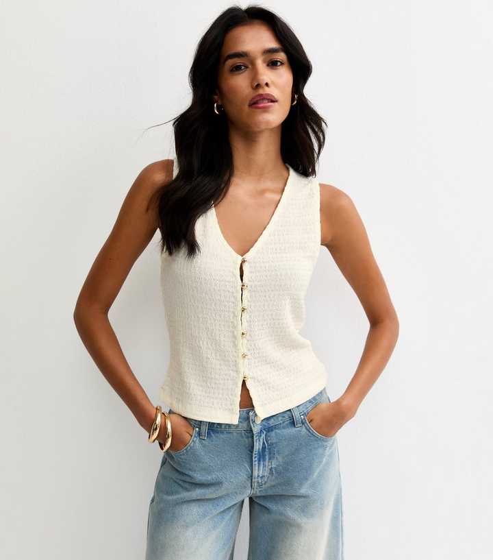 Off White Textured Gold Button Through Tank Top
