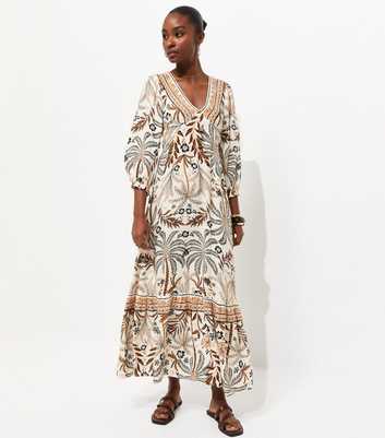 Cream Lotus and Palm Tree Print Midi Dress