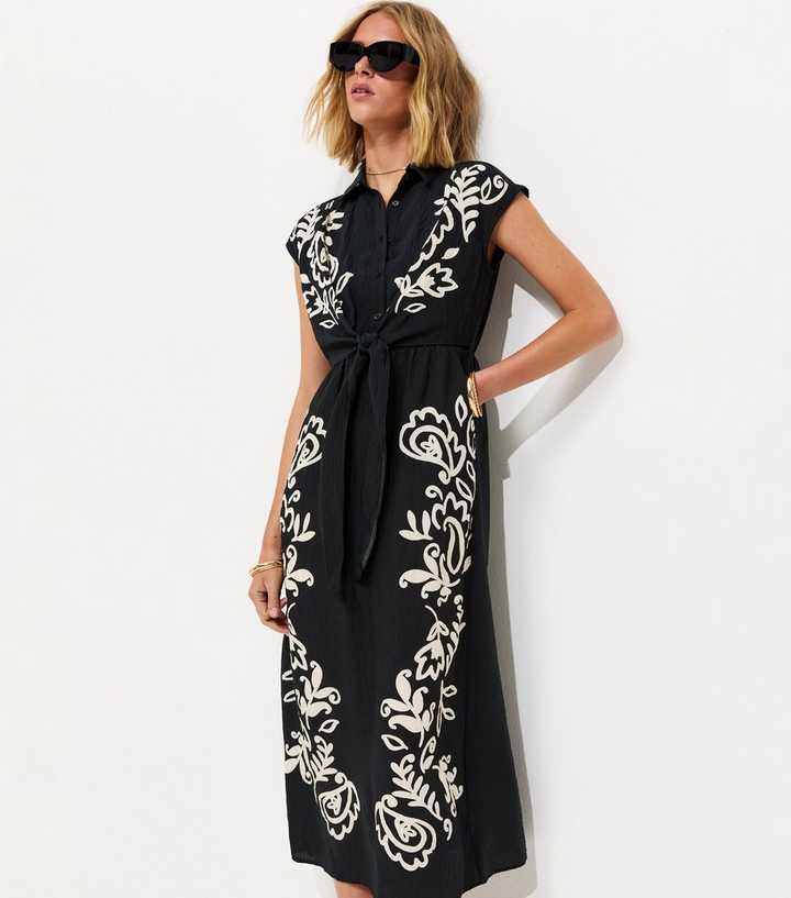 Black Folk Paisley Shirt Midi Dress