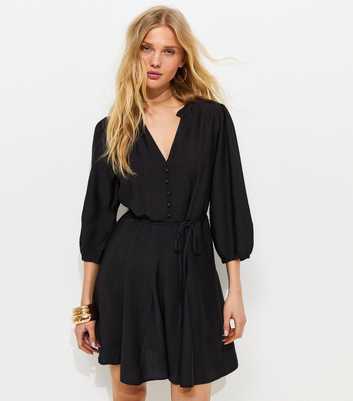 Black Godet Skirt Belted Mini Shirt Dress