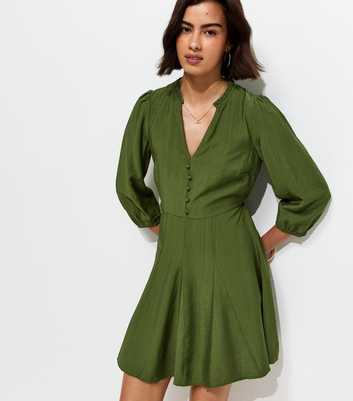 Khaki Godet Skirt Belted Mini Shirt Dress