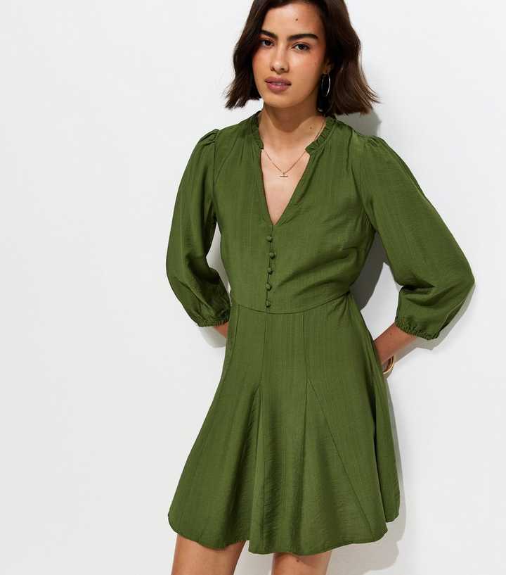 Khaki Godet Skirt Belted Mini Shirt Dress