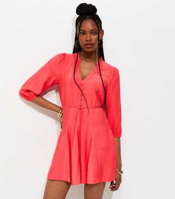 Dark Coral Godet Skirt Belted Mini Shirt Dress