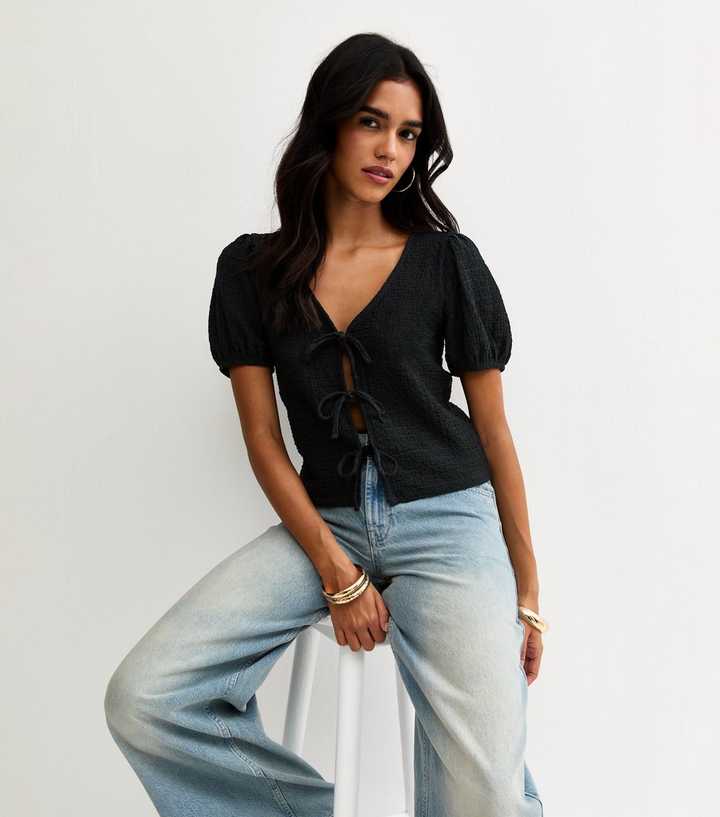 Black Textured Tie Front Puff Sleeve Top