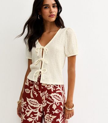 White Textured Tie Front Puff Sleeve Top | New Look