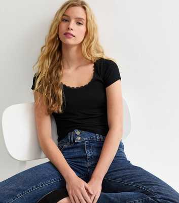 Black Lace Trim Scoop Neck T-Shirt