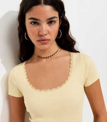 Yellow Lace Trim Scoop Neck T-Shirt