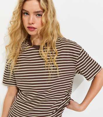 Brown and White Cotton Striped T-Shirt