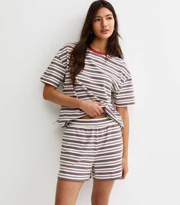 Red and White Cotton Striped Jogger Shorts