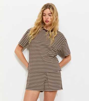 Brown and White Cotton Striped Jogger Shorts