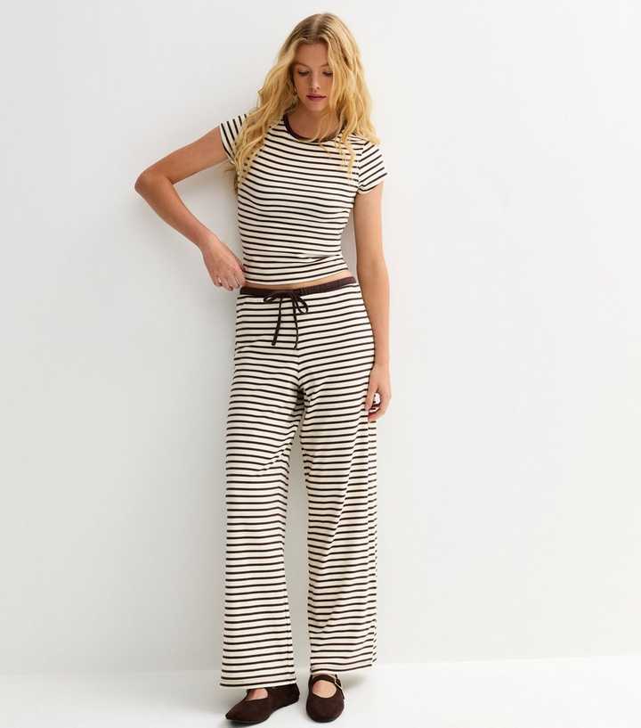 Brown Striped Drawstring Wide Leg Trousers