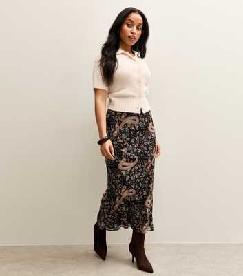 Petite Black Paisley Chiffon Bias Cut Midi Skirt