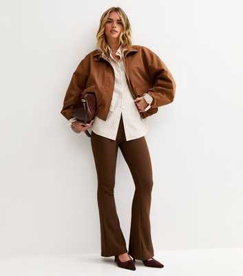 Petite Dark Brown Ribbed Flare Trousers