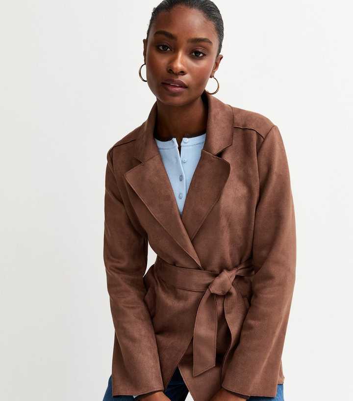 Dark Brown Faux Suede Belted Jacket