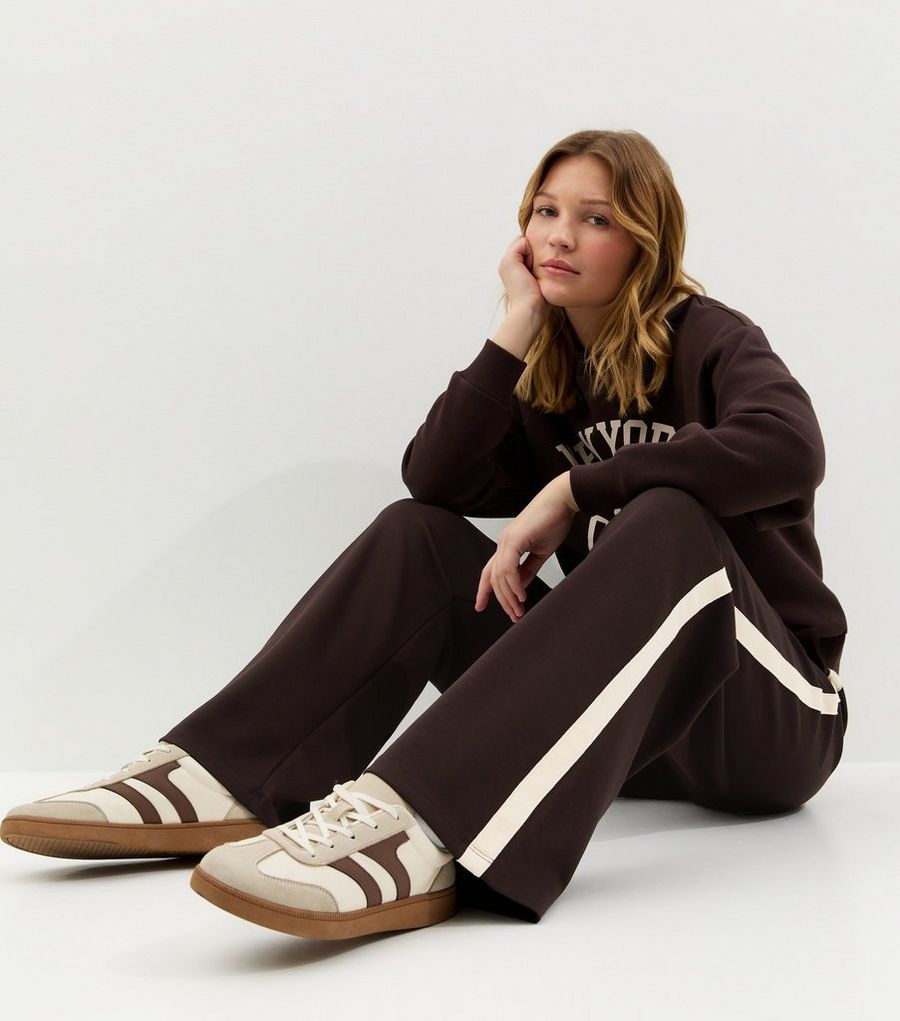 Premium Brown Side Stripe Wide Leg Joggers