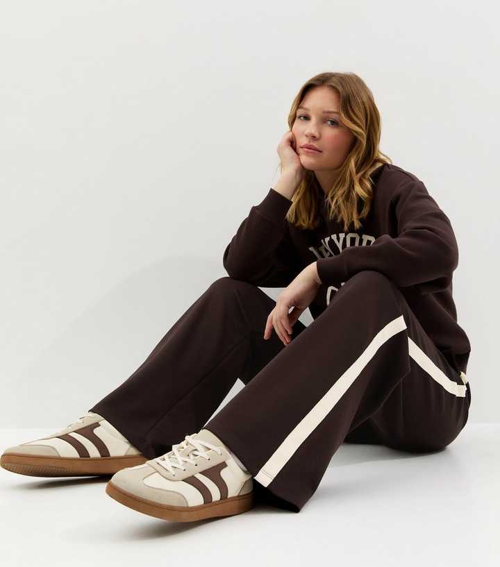 Premium Brown Side Stripe Wide Leg Joggers