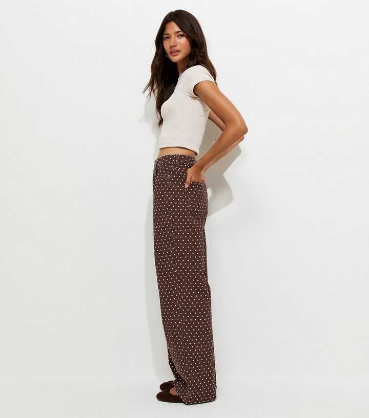 Brown Denim Polka Dot Wide Leg Jeans
