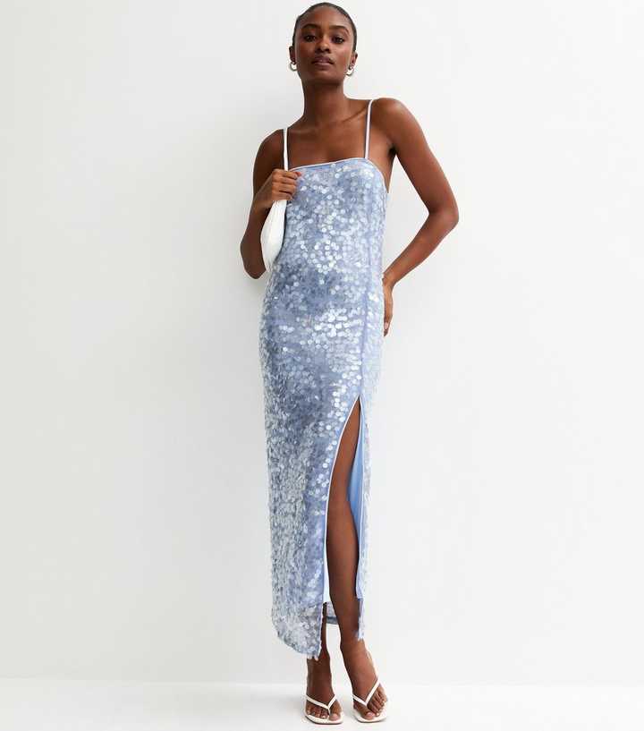 Light Blue Sequin Strappy Tie Back Maxi Dress | New Look