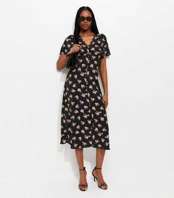 Black Floral Lace V-Neck Button Midi Dress
