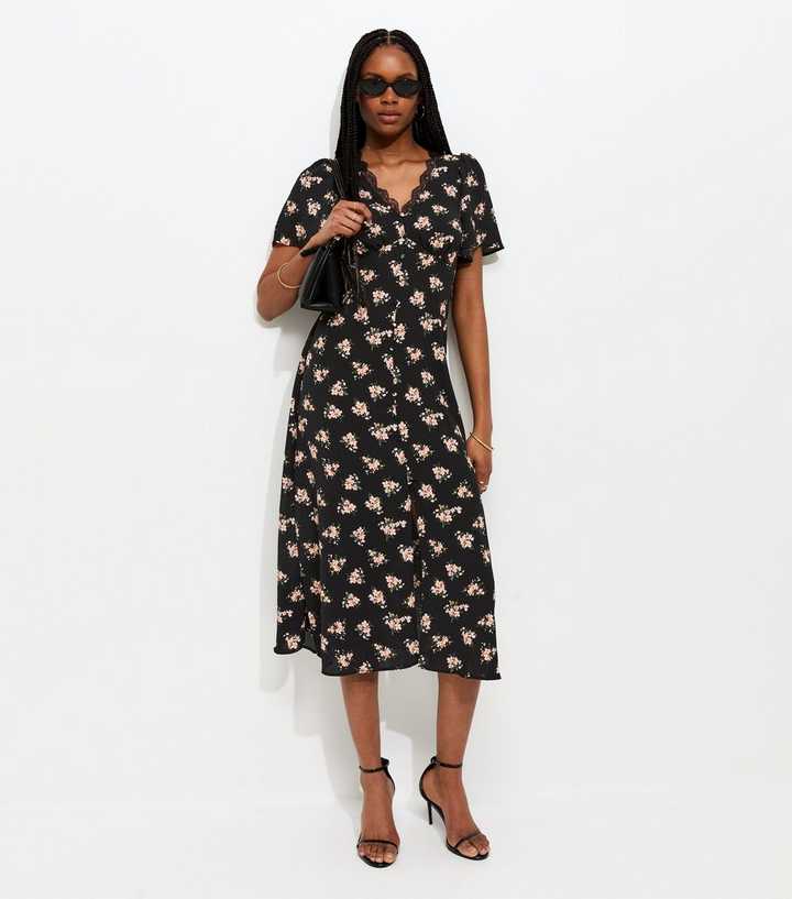 Black Floral Lace V-Neck Button Midi Dress
