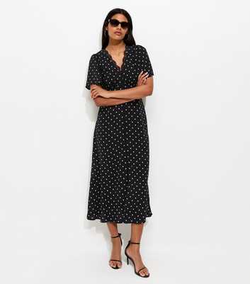Black Spot Print Lace Trim V-Neck Button Detail Midi Dress