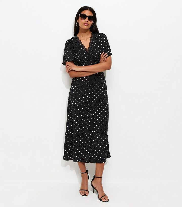 Black Spot Print Lace Trim V-Neck Button Detail Midi Dress