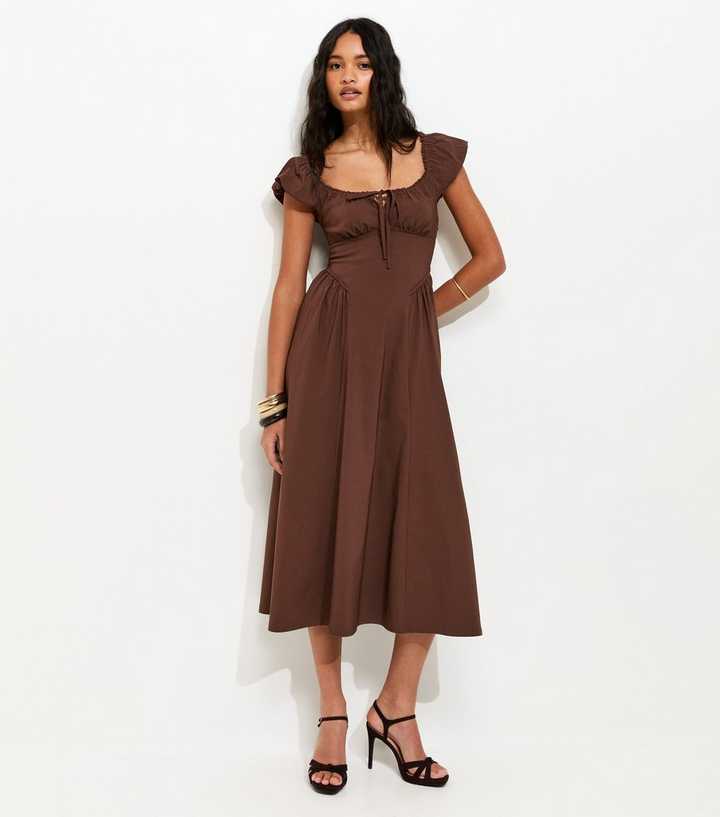 Dark Brown Lace Trim Milkmaid Midi Dress Dark Brown Lace Trim Milkmaid Midi Dress