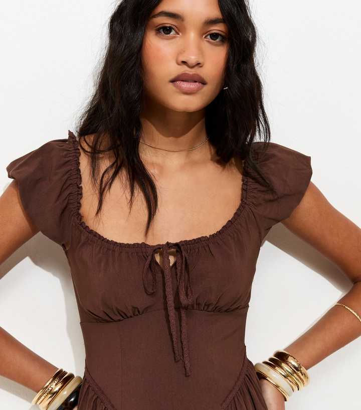 Dark Brown Lace Trim Milkmaid Midi Dress | New Look Dark Brown Lace Trim Milkmaid Midi Dress | New Look
