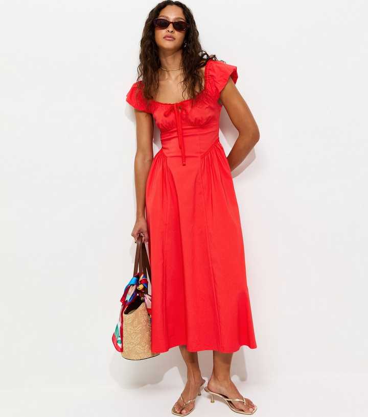 Dark Coral Lace Trim Milkmaid Midi Dress