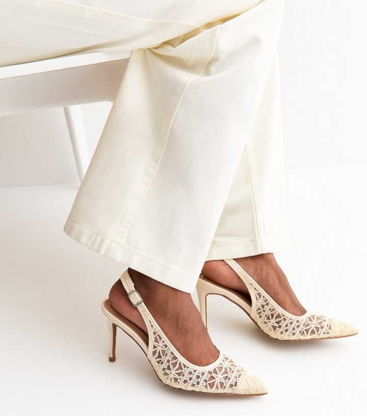 Off White Crochet Slingback Pumps