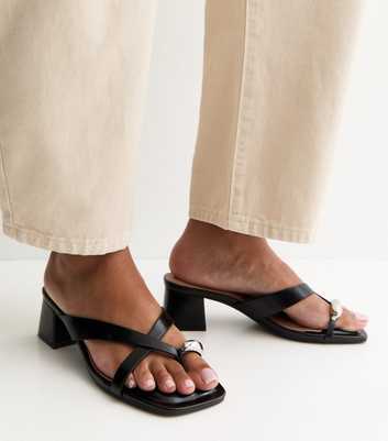 Wide Fit Black Faux Leather Metal Toe Loop Mule Sandals