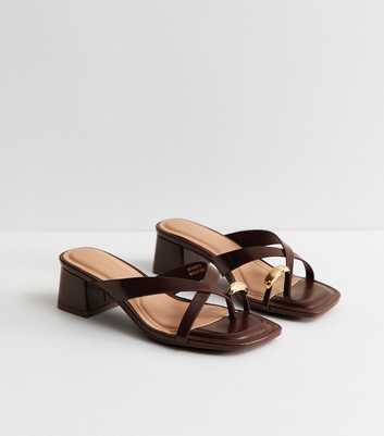 Wide Fit Dark Brown Faux Leather Metal Toe Loop Mule Sandals