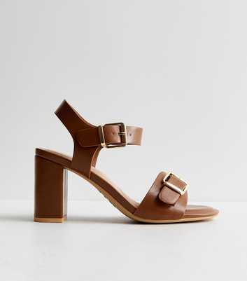 Wide Fit Tan Double Buckle Block Heel Sandals