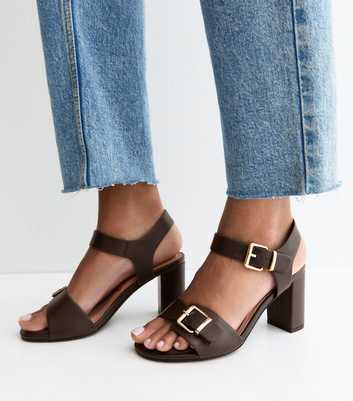 Wide Fit Dark Brown Double Buckle Block Heel Sandals