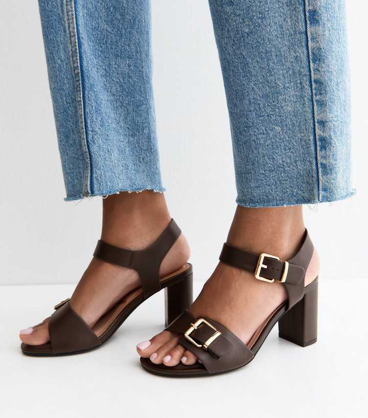 Wide Fit Dark Brown Double Buckle Block Heel Sandals