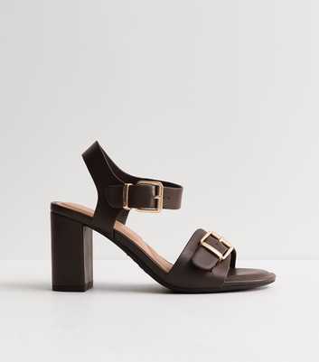 Wide Fit Dark Brown Double Buckle Block Heel Sandals