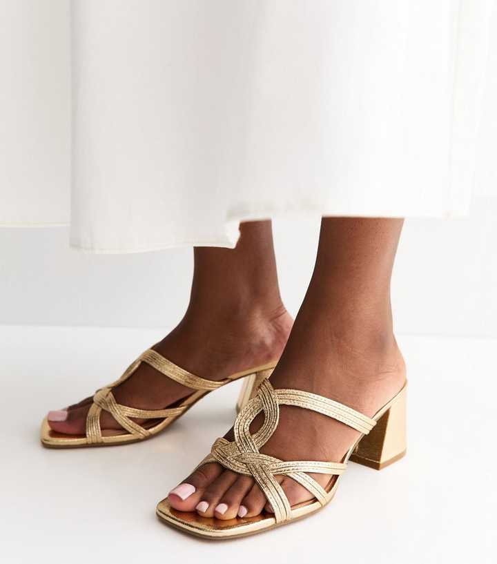 Gold Faux Leather Interwoven Block Heel Mules