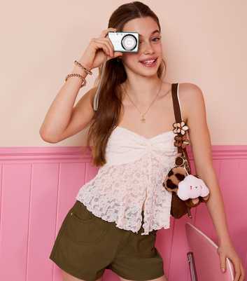 Girls White Twisted Front Lace Cami Top