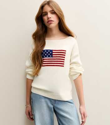 Grls Cream American Flag Slash Neck Jumper