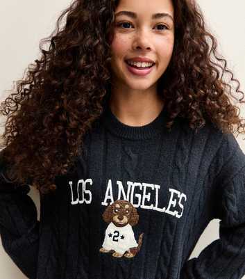 Girls Navy Los Angeles Dog Cable Knit Jumper